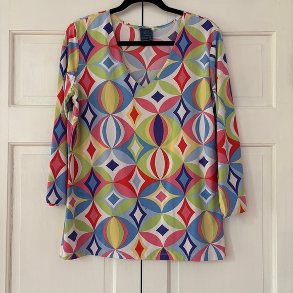 Melly M Jersey Top V Neck Blouse Size XL Retro Abstract Pattern‎ Kaleidoscope - Picture 1 of 10